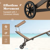 Adjustable brown patio chaise lounge chair with canopy and wheels, perfect for poolside relaxation and easy movement.