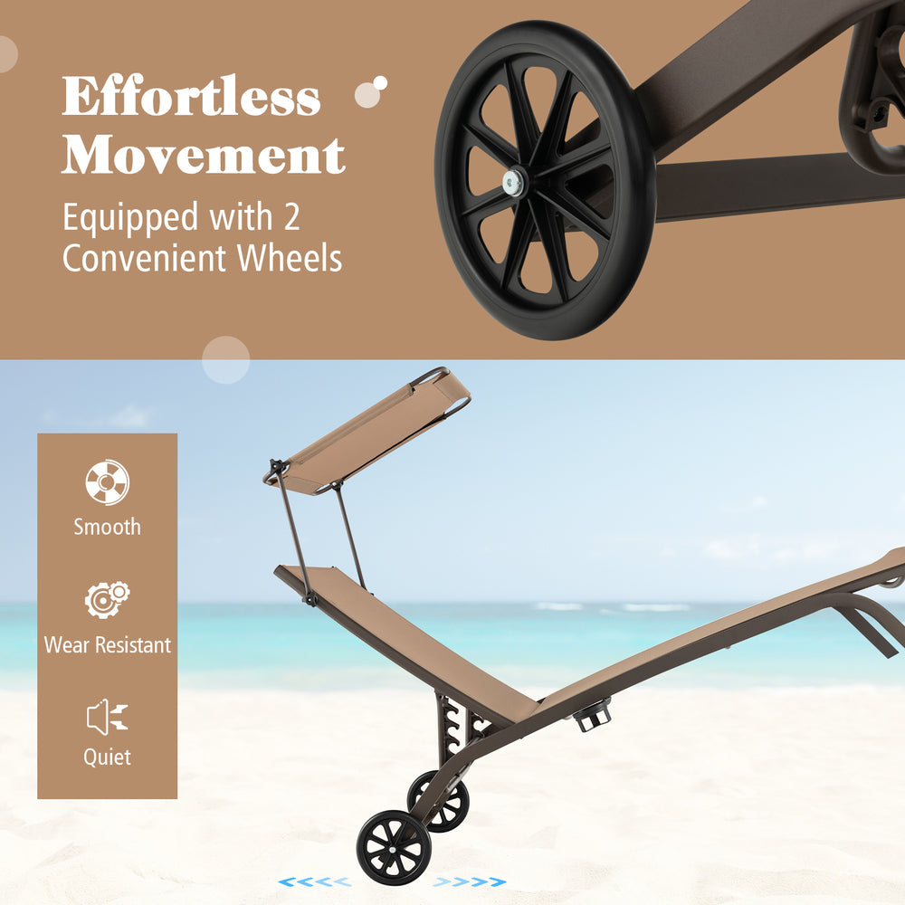 Adjustable brown patio chaise lounge chair with canopy and wheels, perfect for poolside relaxation and easy movement.