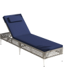 Navy patio chaise lounge chair with adjustable backrest and headrest, perfect for poolside relaxation and sunbathing.