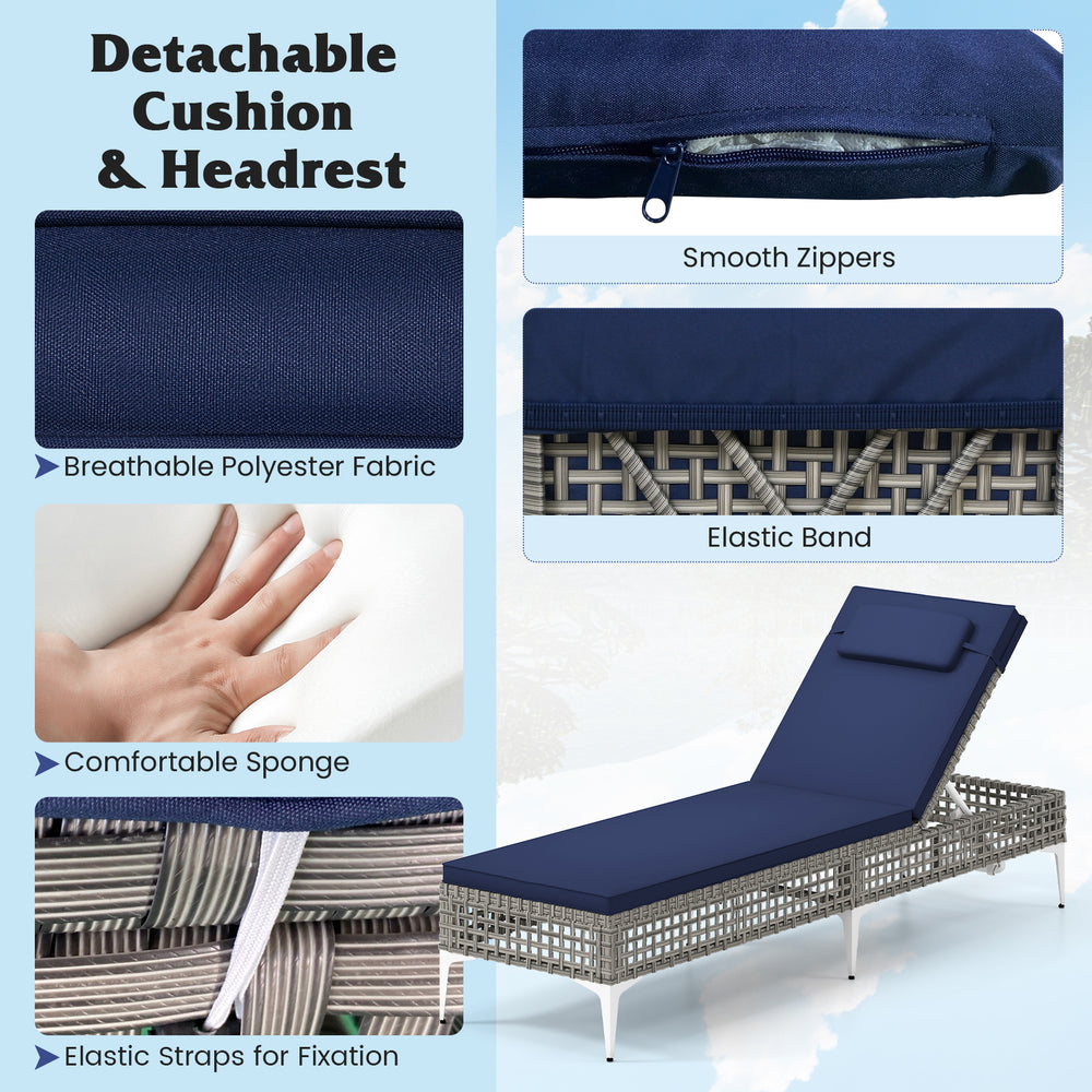 Detachable navy cushion and headrest for patio chaise lounge chair with adjustable backrest, ideal for poolside.