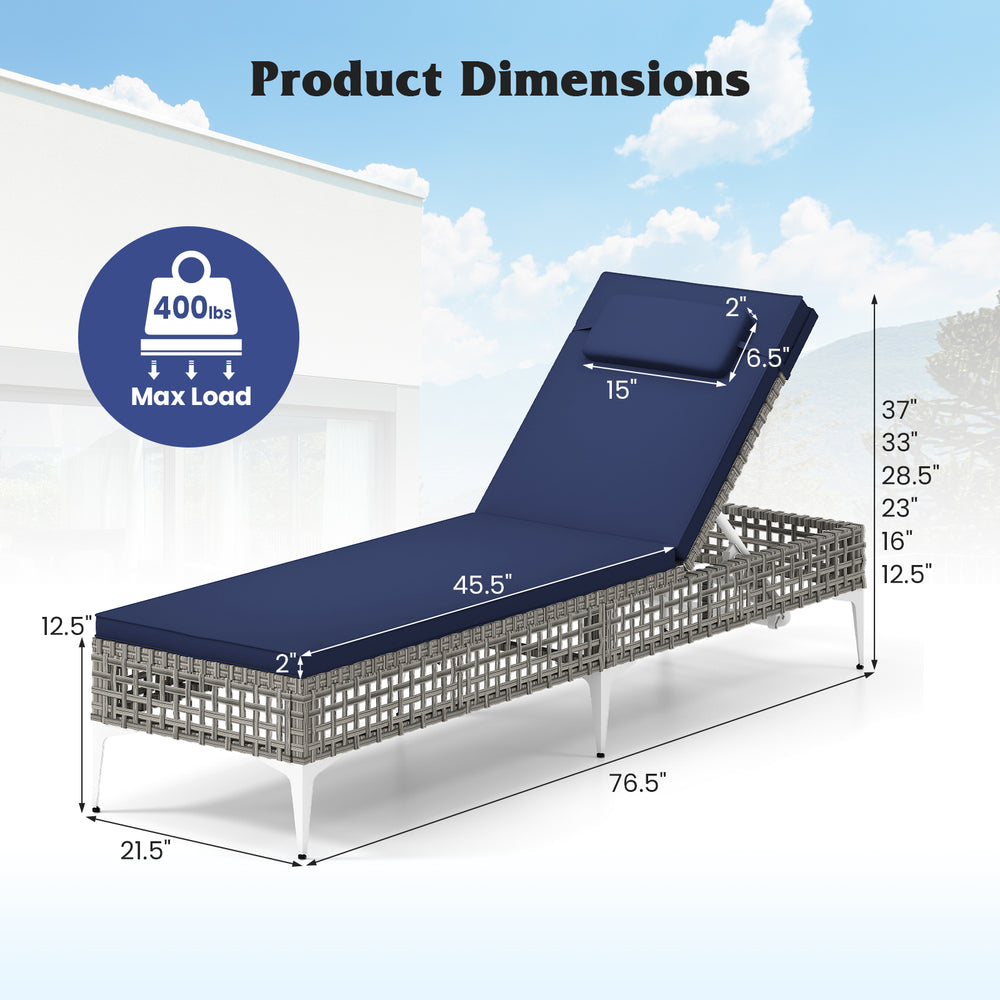 Patio chaise lounge chair with adjustable backrest, navy cushion, and PE wicker, ideal for poolside relaxation.