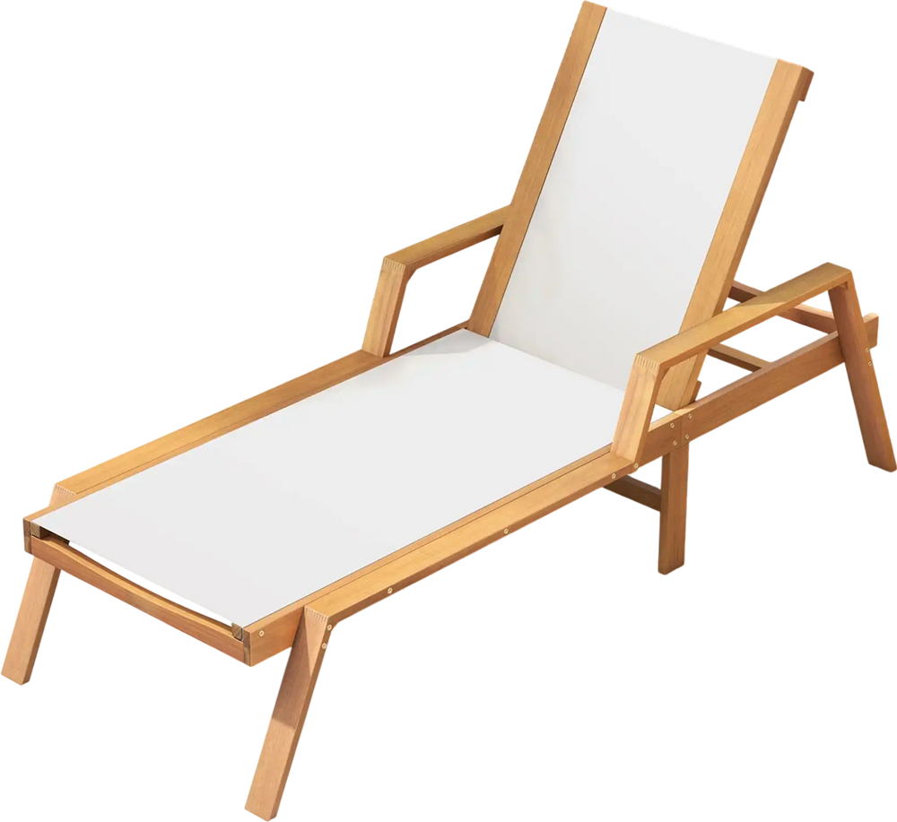 Patio chaise lounge chair with armrests, acacia wood frame, white fabric seat, ideal for backyard relaxation.