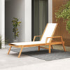 Patio chaise lounge chair with armrests in natural acacia wood and white fabric, perfect for backyard relaxation.