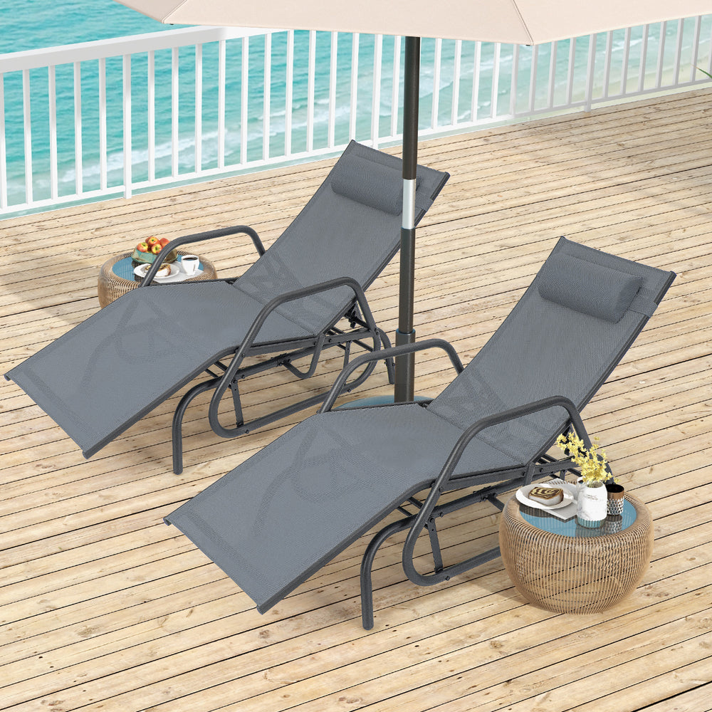 Gray outdoor chaise lounge glider chair set with adjustable backrests and cozy armrests, perfect for family relaxation.