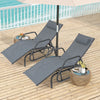 Gray outdoor chaise lounge glider chair set with adjustable backrests and cozy armrests, perfect for family relaxation.