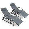 Gray outdoor chaise lounge glider chairs with adjustable backrests, armrests, and removable pillows for family comfort.