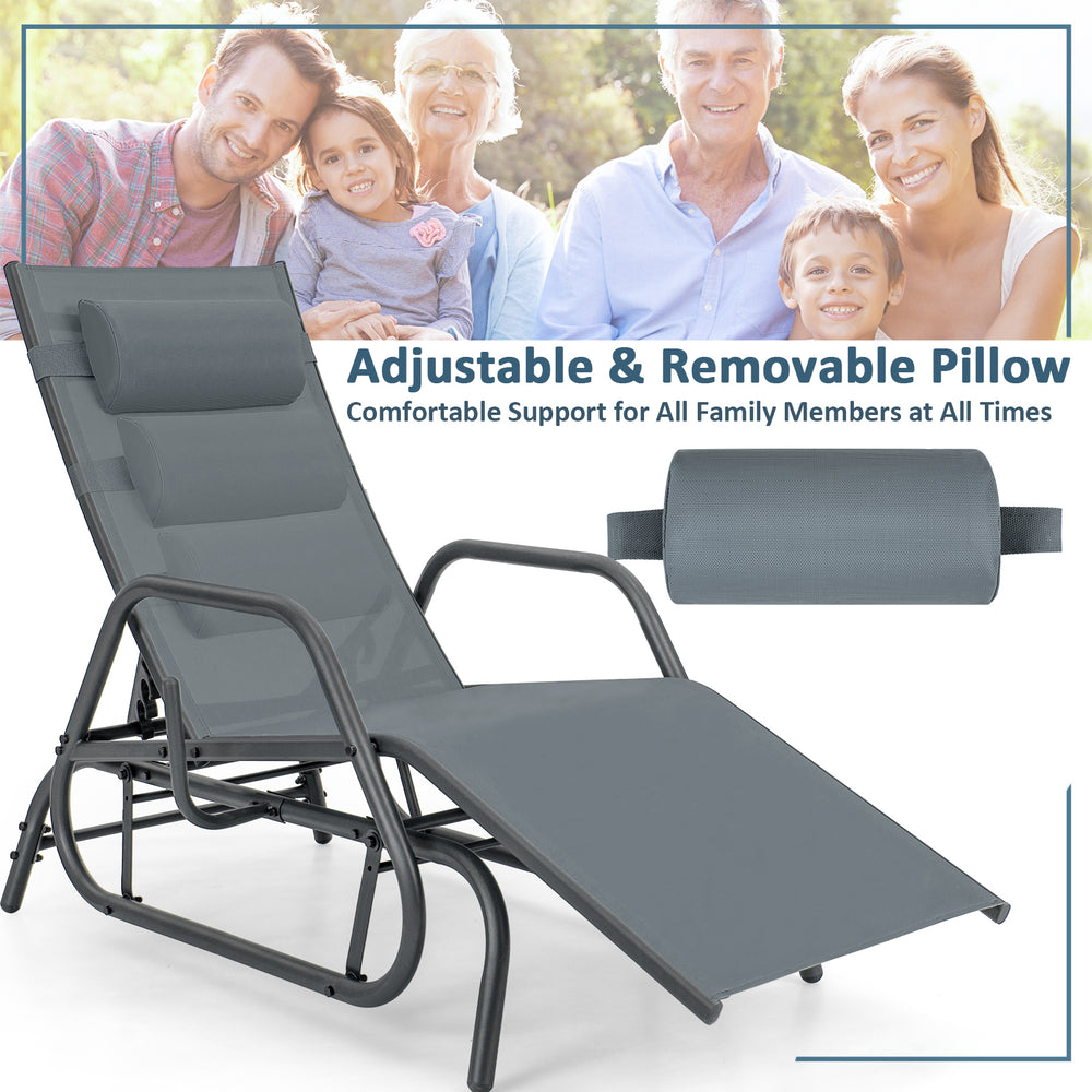 Gray outdoor chaise lounge glider chair with adjustable backrest and removable pillow, perfect for family comfort.