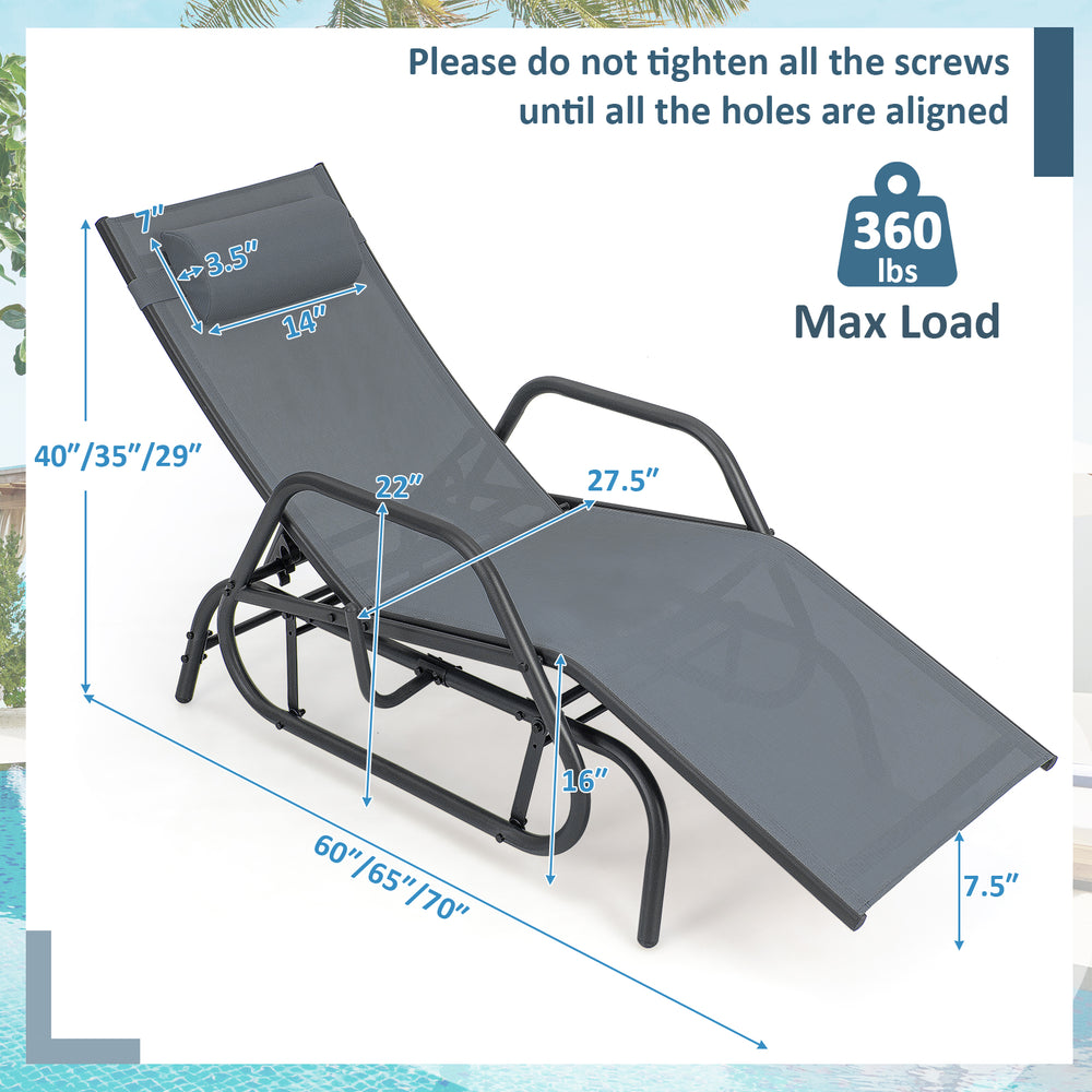 Gray outdoor chaise lounge glider chair with adjustable backrest, armrests, and pillow, suitable for family use.