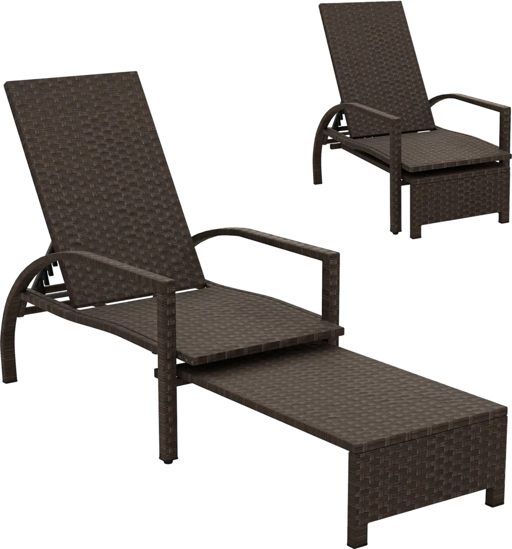 Patio chaise lounge with retractable ottoman, durable wicker surface, ergonomic design for backyard or poolside.