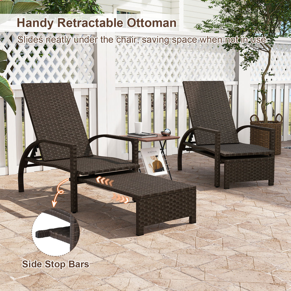 Patio chaise lounge with retractable ottoman, featuring durable rattan, adjustable backrest, ideal for outdoor.
