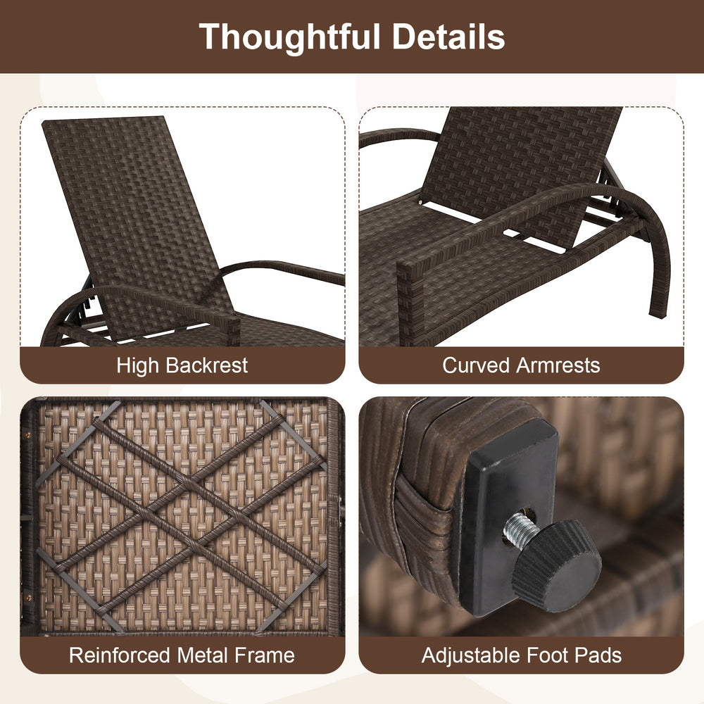 Patio chaise lounge with high backrest, curved armrests, and adjustable foot pads for comfort by the poolside.