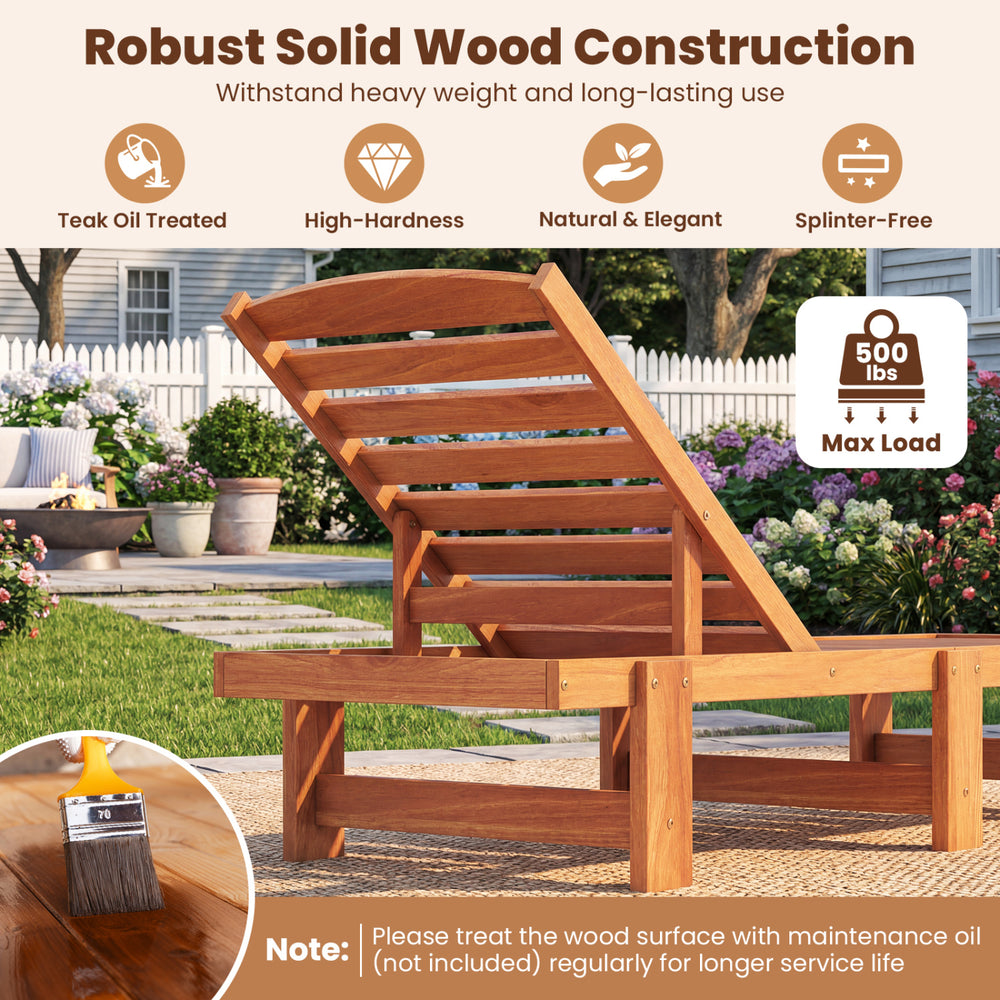 Patio chaise lounge chair with solid wood construction, adjustable backrest, and slatted design for outdoor comfort.
