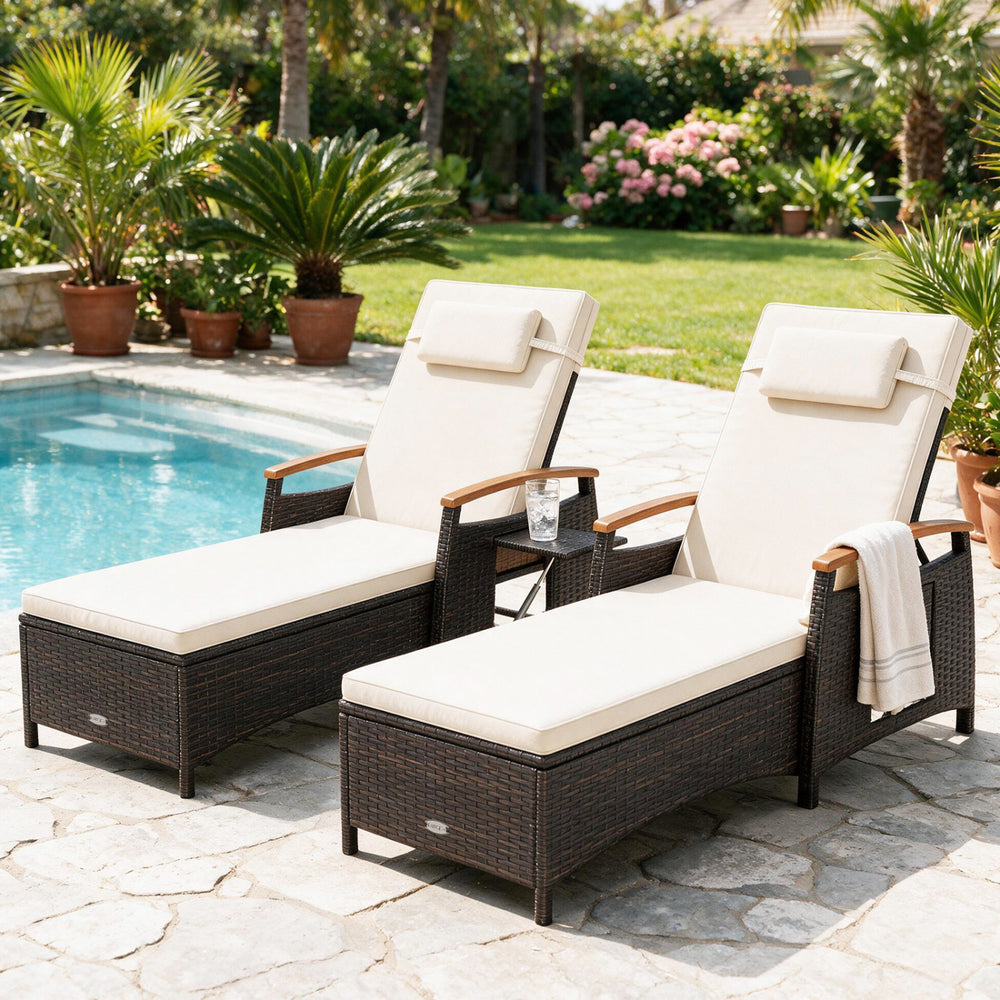 Patio chaise lounge with adjustable backrest, removable cushion, and PE rattan for comfortable poolside relaxation.