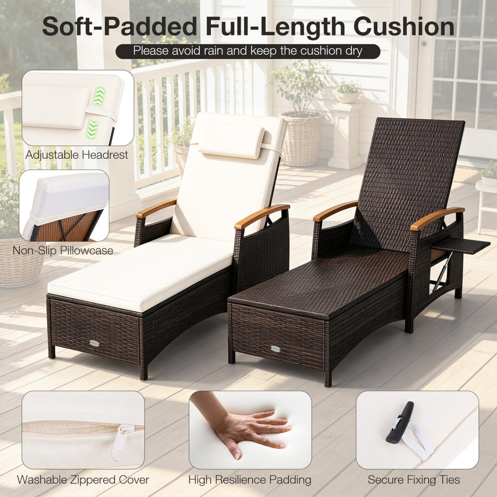 Patio chaise lounge features a soft-padded white cushion, adjustable backrest, and durable PE rattan for poolside comfort.