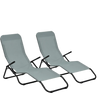 Two light green folding patio chaise loungers with rocking design, perfect for backyard relaxation and easy storage.