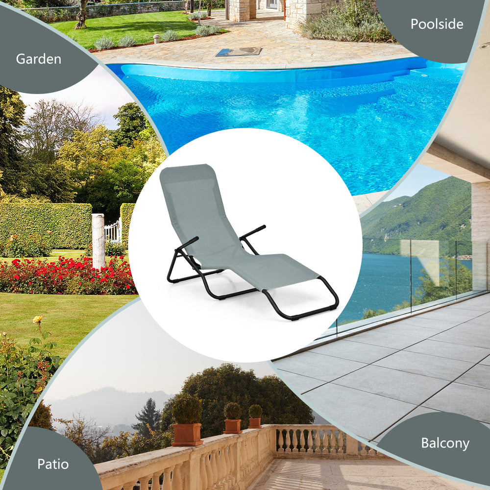 Light green folding patio chaise lounger with rocking design, ergonomic backrest, and breathable fabric for outdoor.