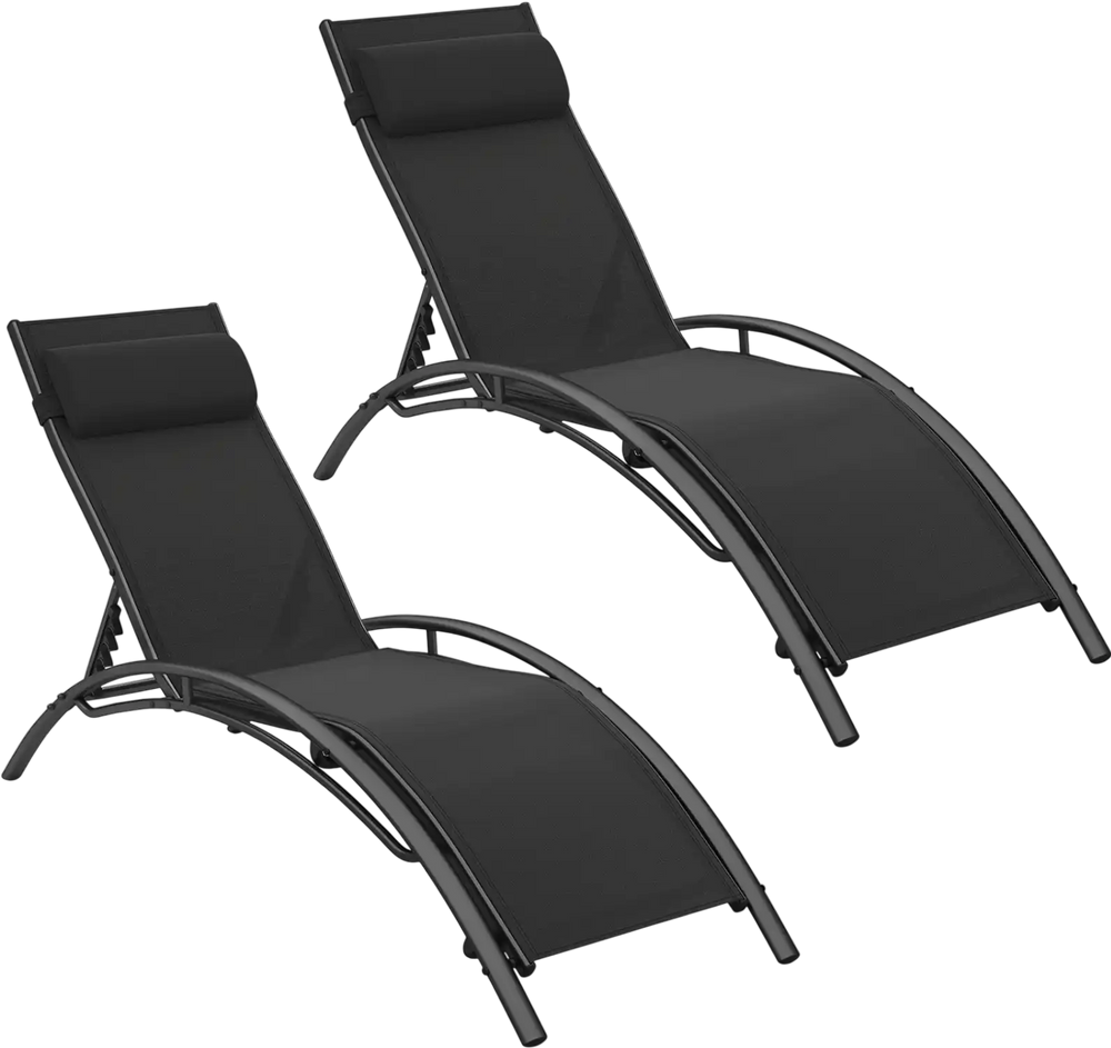 Set of 2 black patio chaise lounges with 5-position backrest, ergonomic design for outdoor relaxation and comfort.