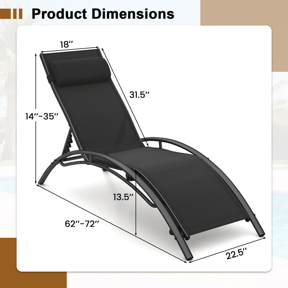 Dimensions of the black patio chaise lounge showing adjustable backrest and ergonomic design for outdoor relaxation.