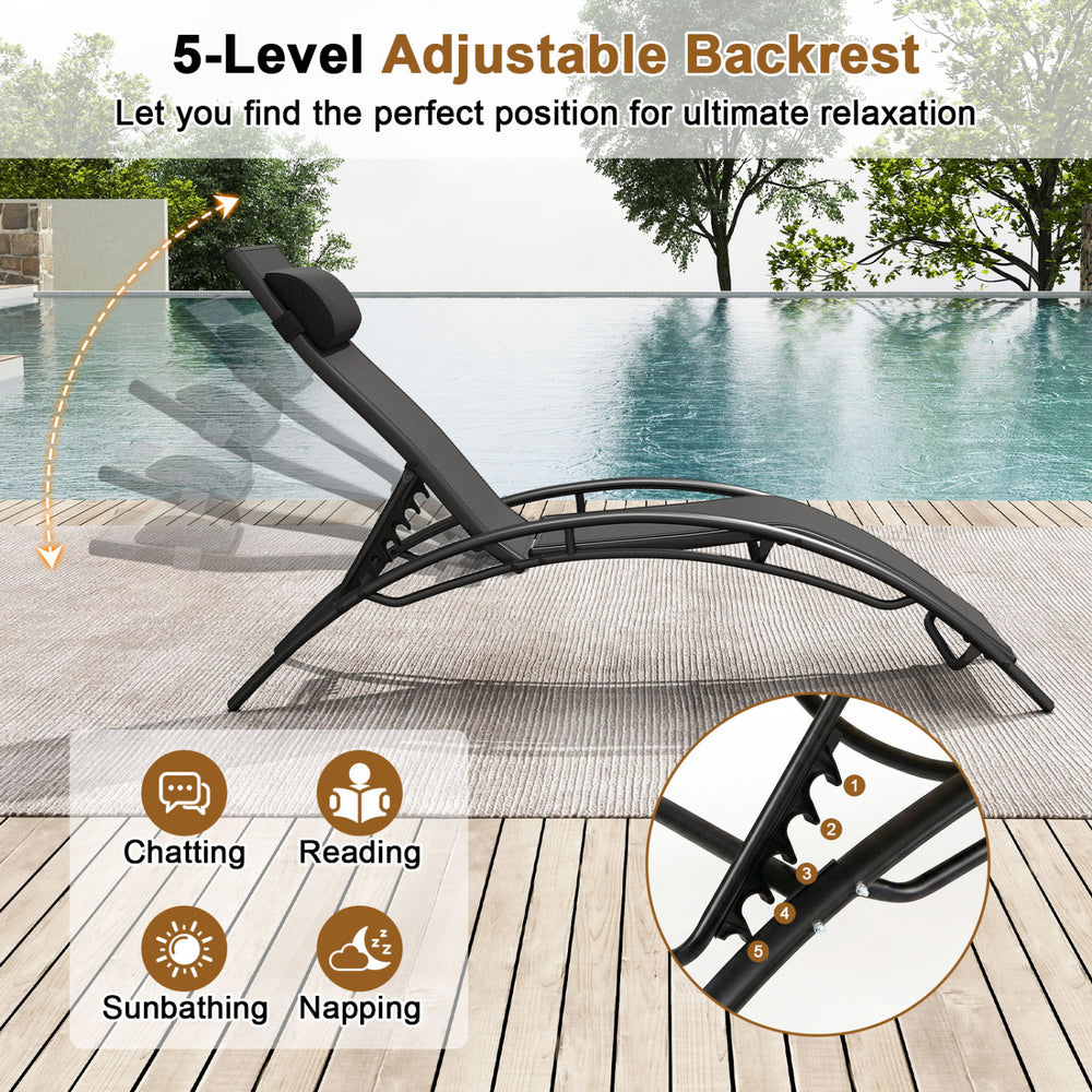Patio chaise lounge with 5-position adjustable backrest in black, perfect for sunbathing, reading, or relaxing outdoors.