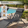 Black patio chaise lounge with adjustable backrest, breathable fabric, ideal for outdoor relaxation by the pool.