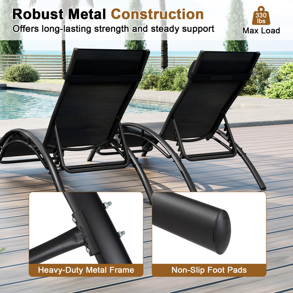 Patio chaise lounges set of 2 with heavy-duty metal frame and adjustable backrest for outdoor relaxation.