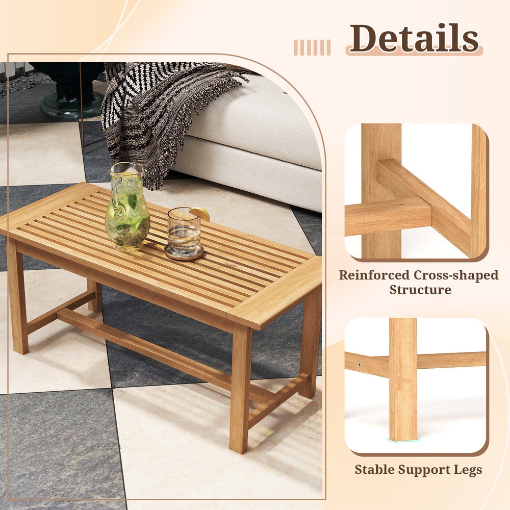 Rectangular 36-inch patio coffee table with slatted teak wood top and stable support legs, ideal for outdoor use.