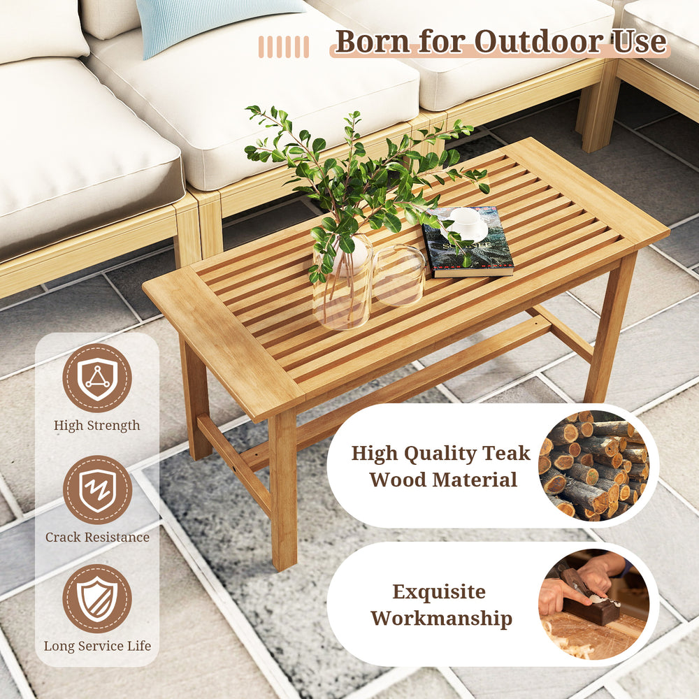 Rectangular 36-inch patio coffee table made of high-quality teak wood, perfect for outdoor use by the poolside or.