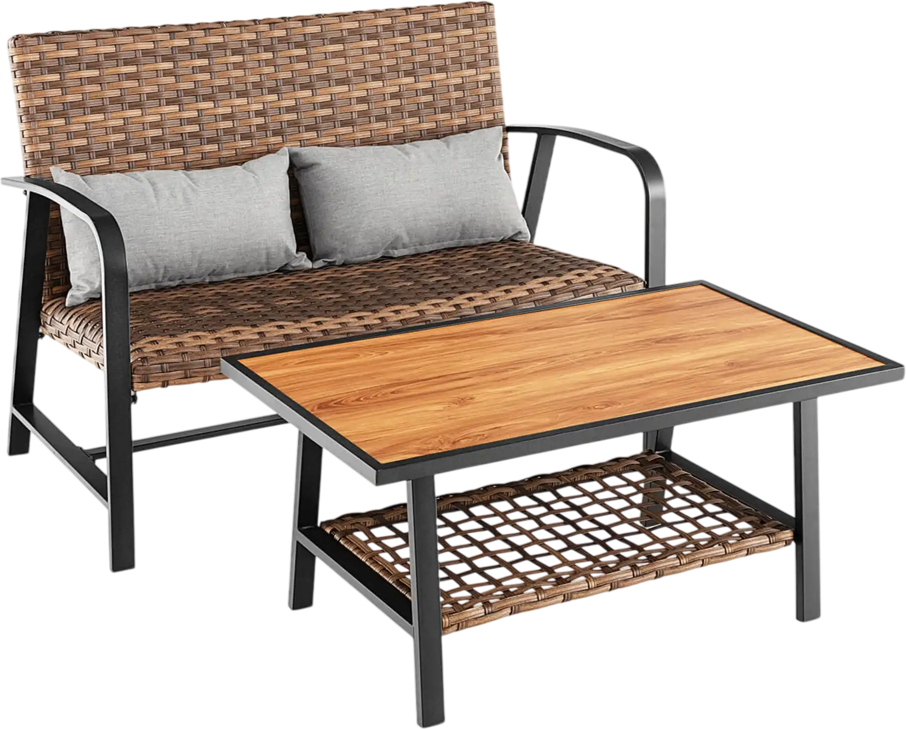 Costway 2-Piece Patio Rattan Coffee Table Set w/ Shelf & Quick-Dry Cushion 16472385 New
