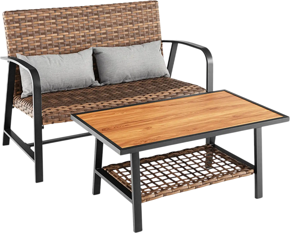 2 Pieces Patio Rattan Coffee Table Set with Shelf and Quick Dry Cushion