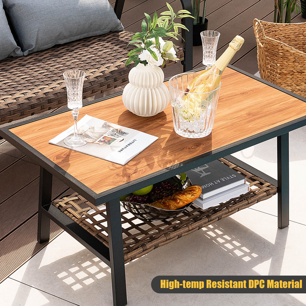 Rectangular patio coffee table with high-temp resistant DPC material and hand-woven brown PE rattan, ideal for outdoor.