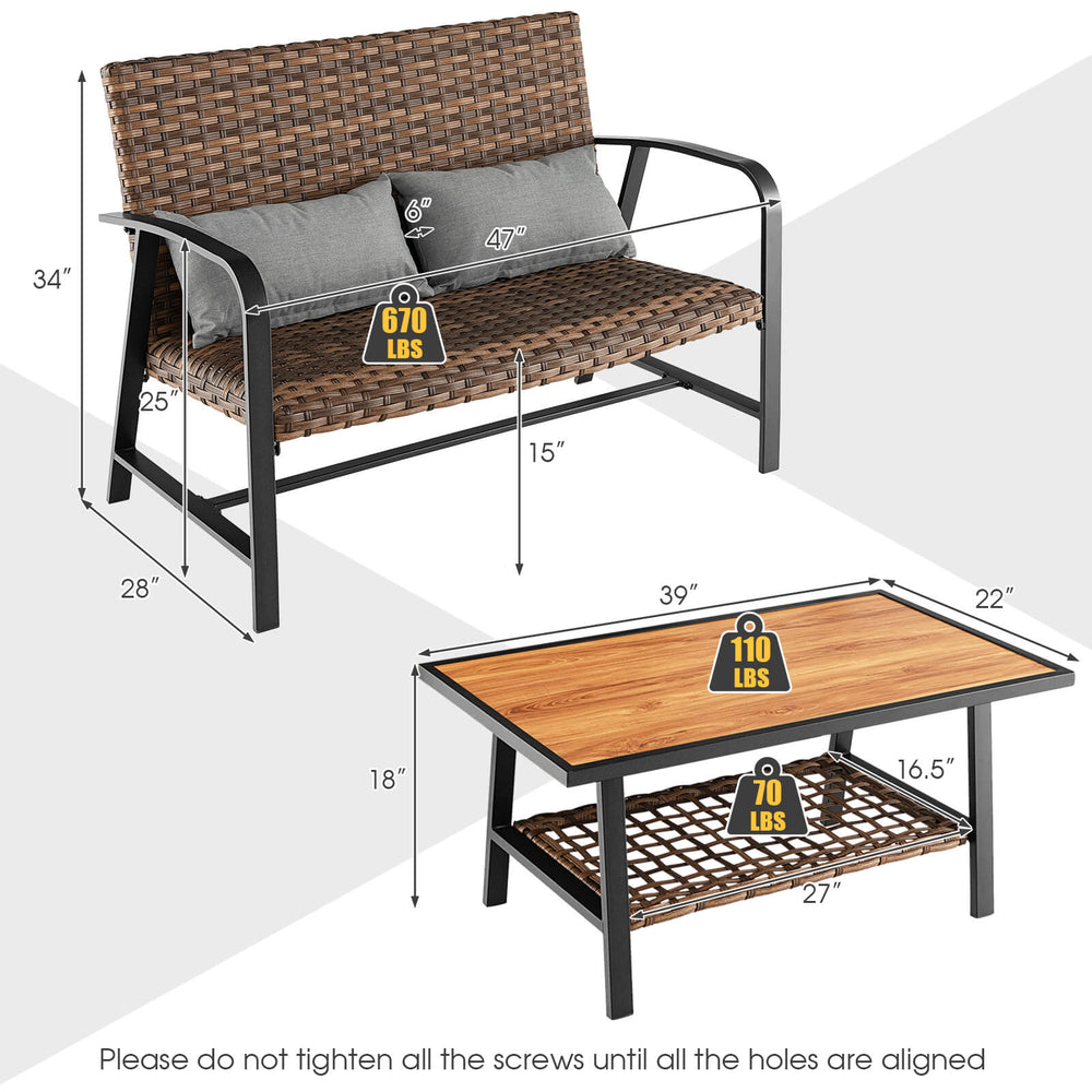 Patio rattan coffee table set featuring a hand-woven design, quick-dry cushions, and a 2-tier table for outdoor use.