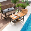 Patio rattan coffee table set with shelf, quick-dry cushions, and lumbar pillows, ideal for outdoor relaxation by the.