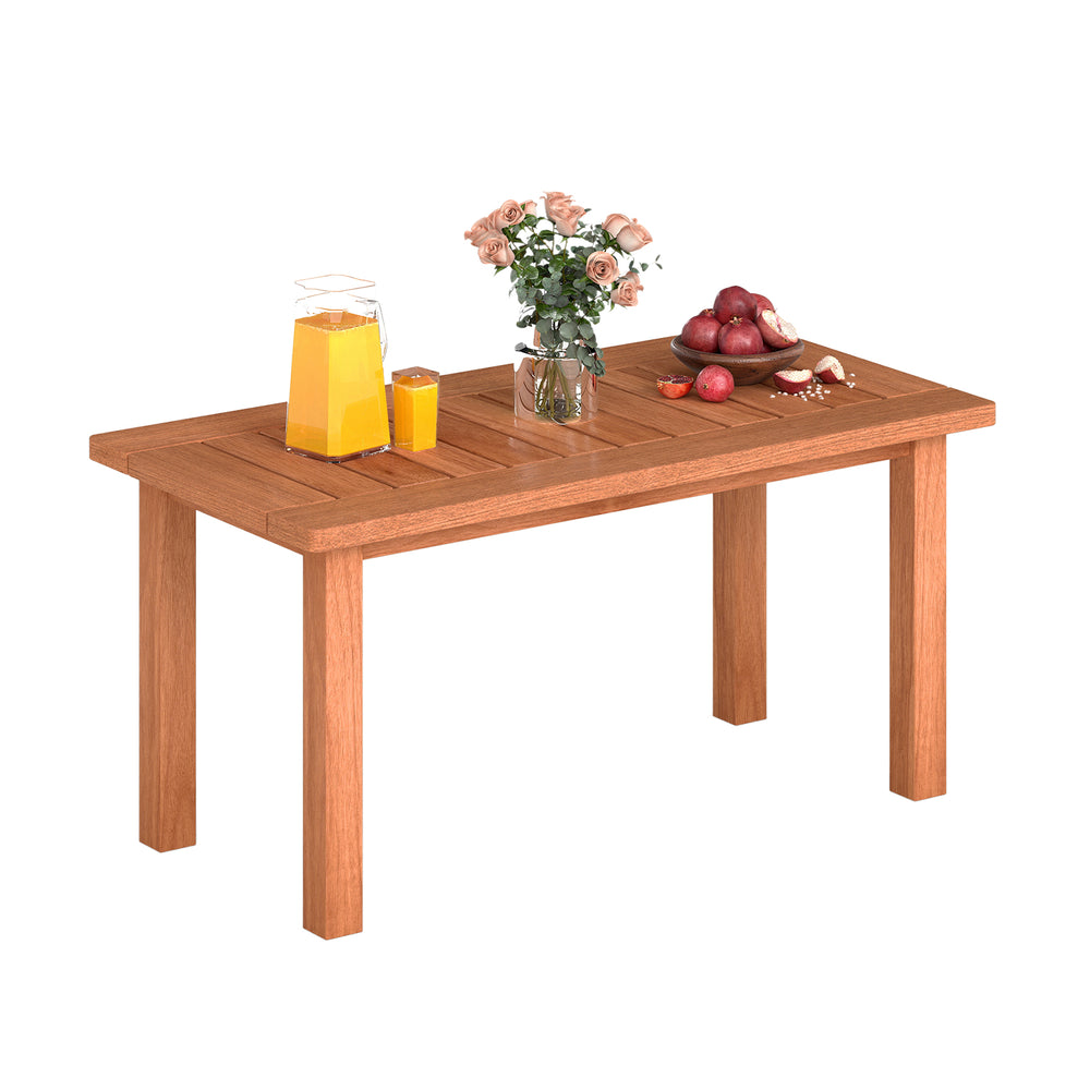 Rectangular patio coffee table with slatted tabletop, made of high-quality wood, perfect for deck or poolside use.