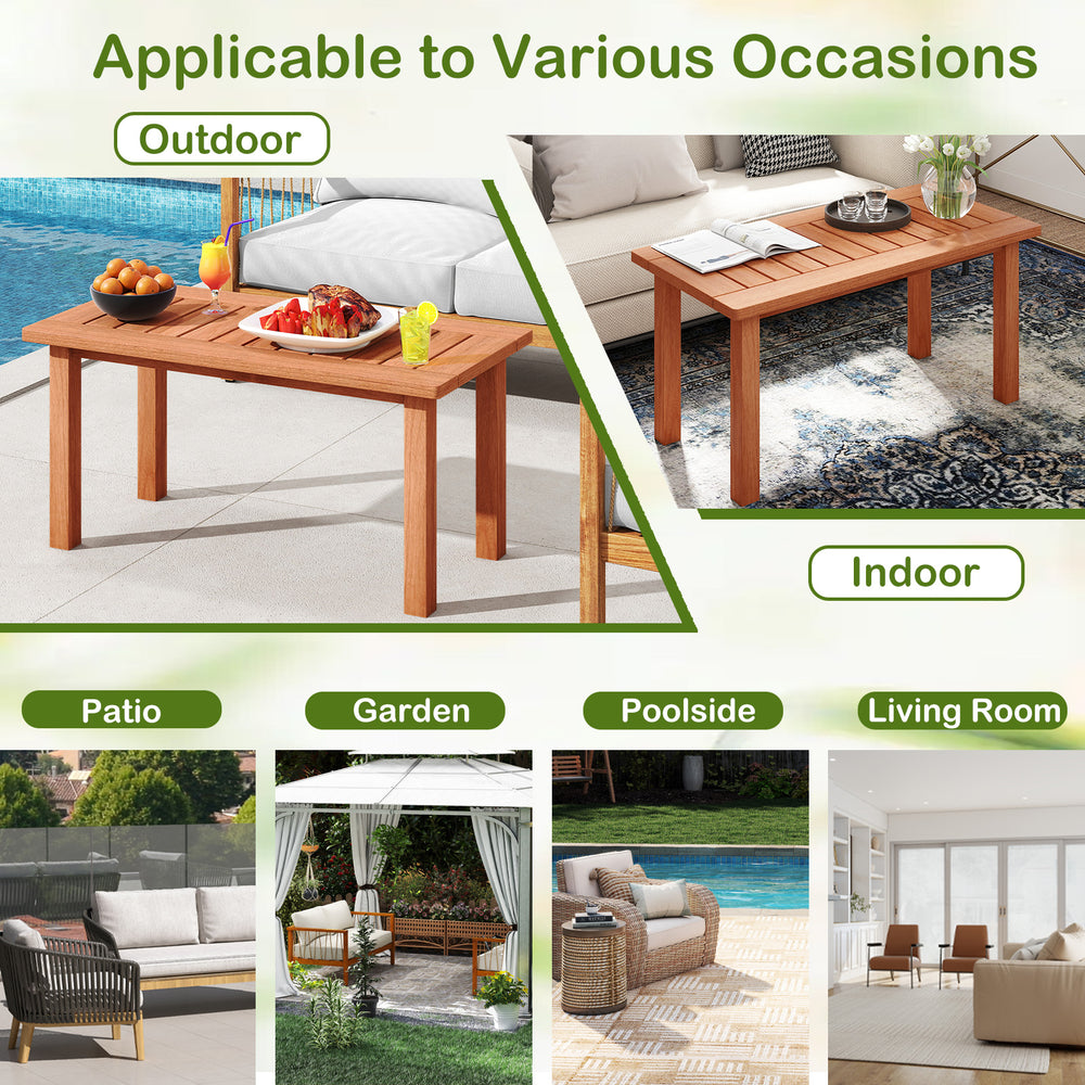 Rectangular patio coffee table with slatted tabletop, made of high-quality wood, perfect for outdoor and indoor use.