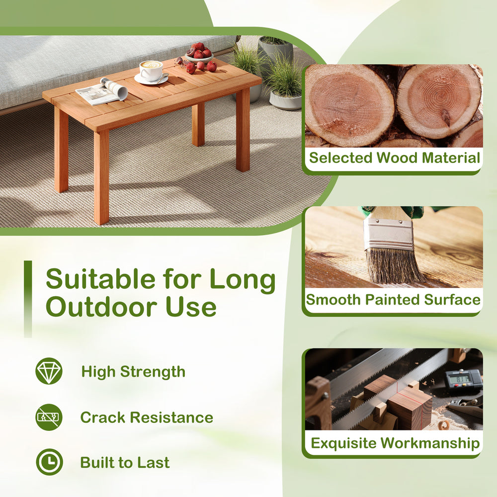 Patio coffee table with slatted tabletop, made of high-quality wood, ideal for outdoor use by the poolside or deck.