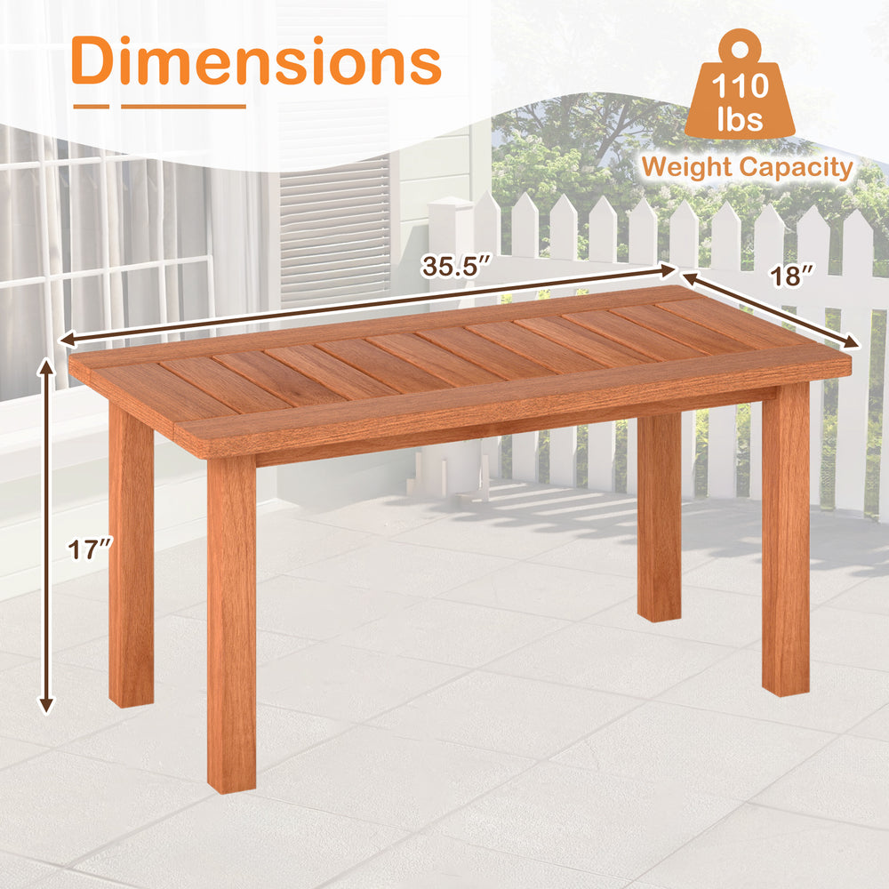 Rectangular patio coffee table with slatted tabletop, made of high-quality wood, suitable for deck or poolside use.