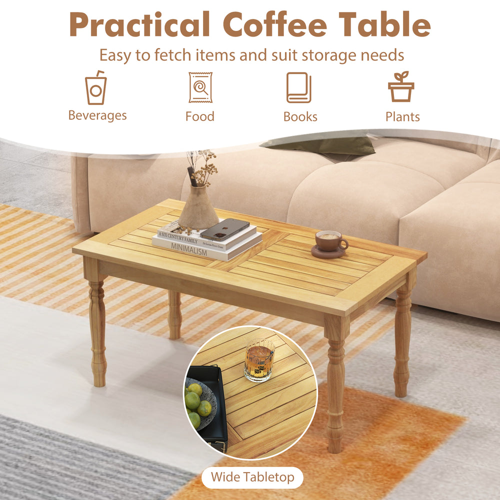Patio coffee table featuring a slatted tabletop design and solid teak wood structure, suitable for stylish indoor and.