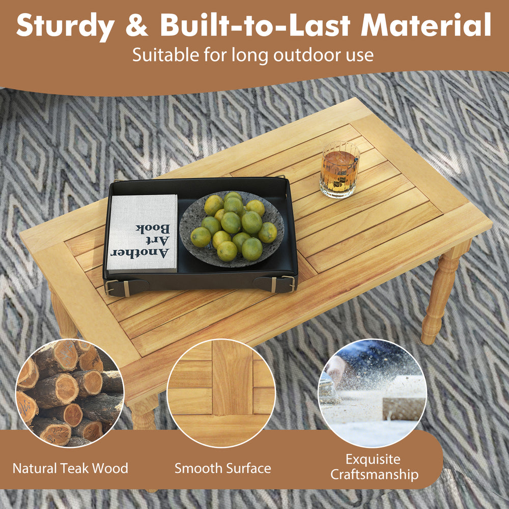 Patio coffee table with solid teak wood structure, slatted tabletop, and smooth surface for indoor and outdoor use.
