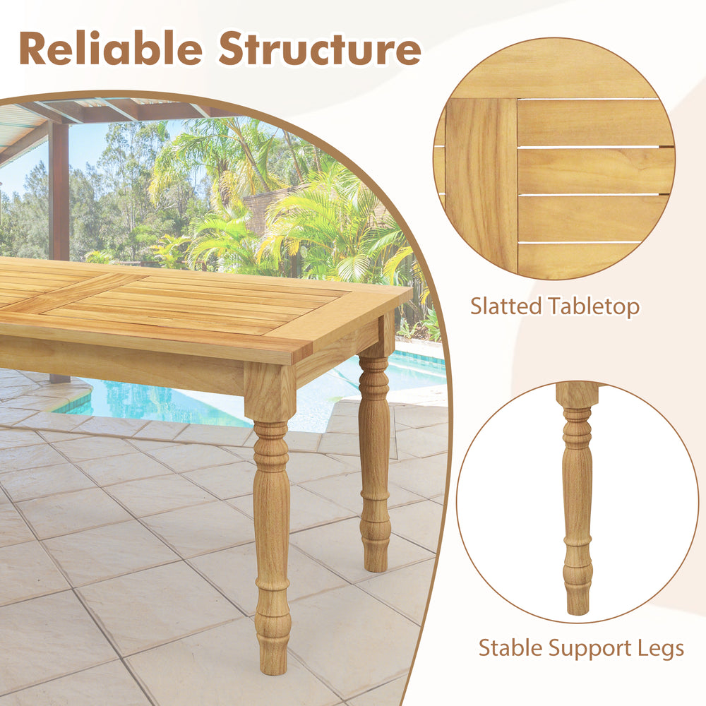 Patio coffee table with solid teak wood structure, slatted tabletop, and stable support legs for indoor and outdoor use.