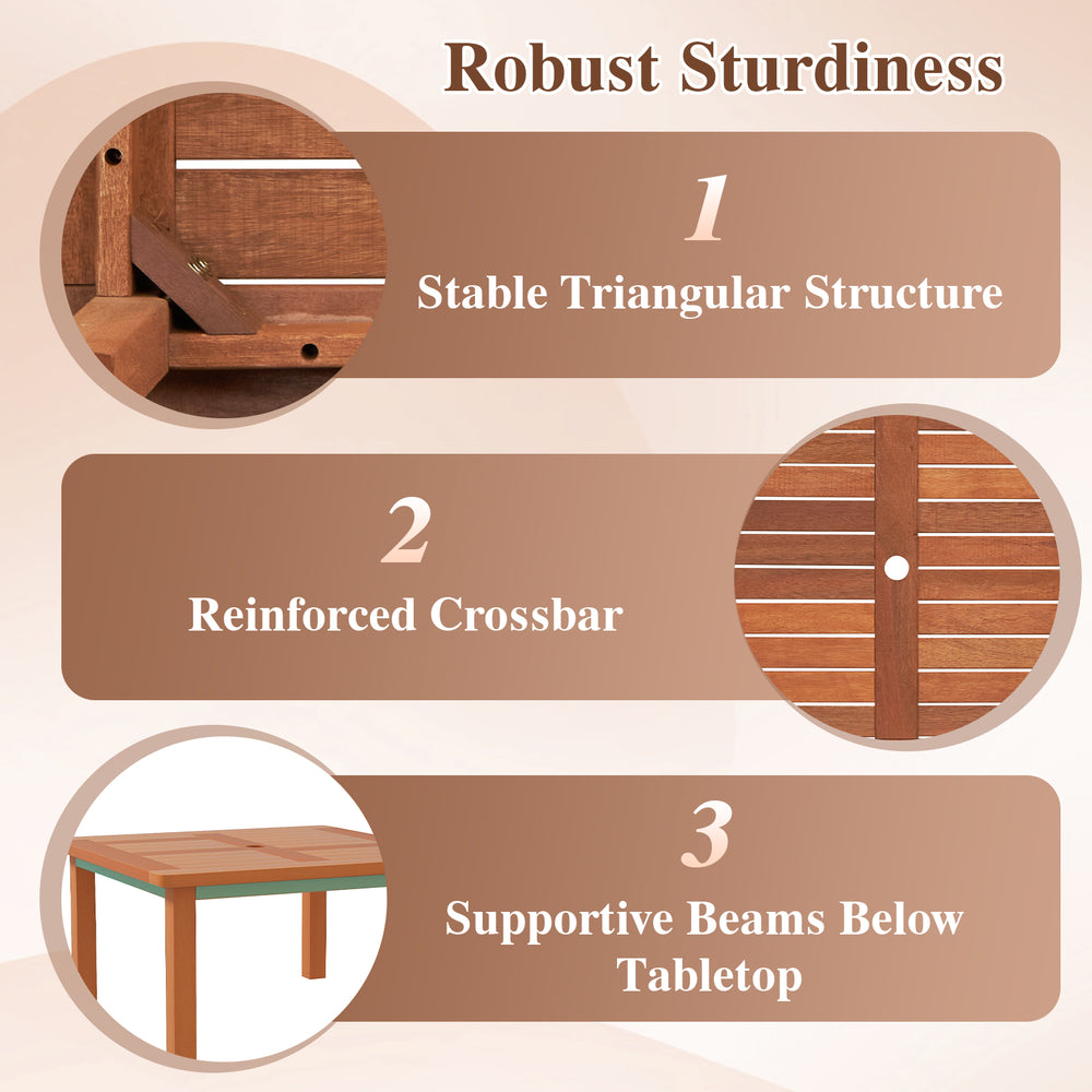 Patio coffee table with teak oil finish, featuring a slatted top, umbrella hole, and supportive beams for outdoor use.