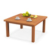 Square patio coffee table with teak oil finish, featuring an umbrella hole, ideal for outdoor settings like balconies.