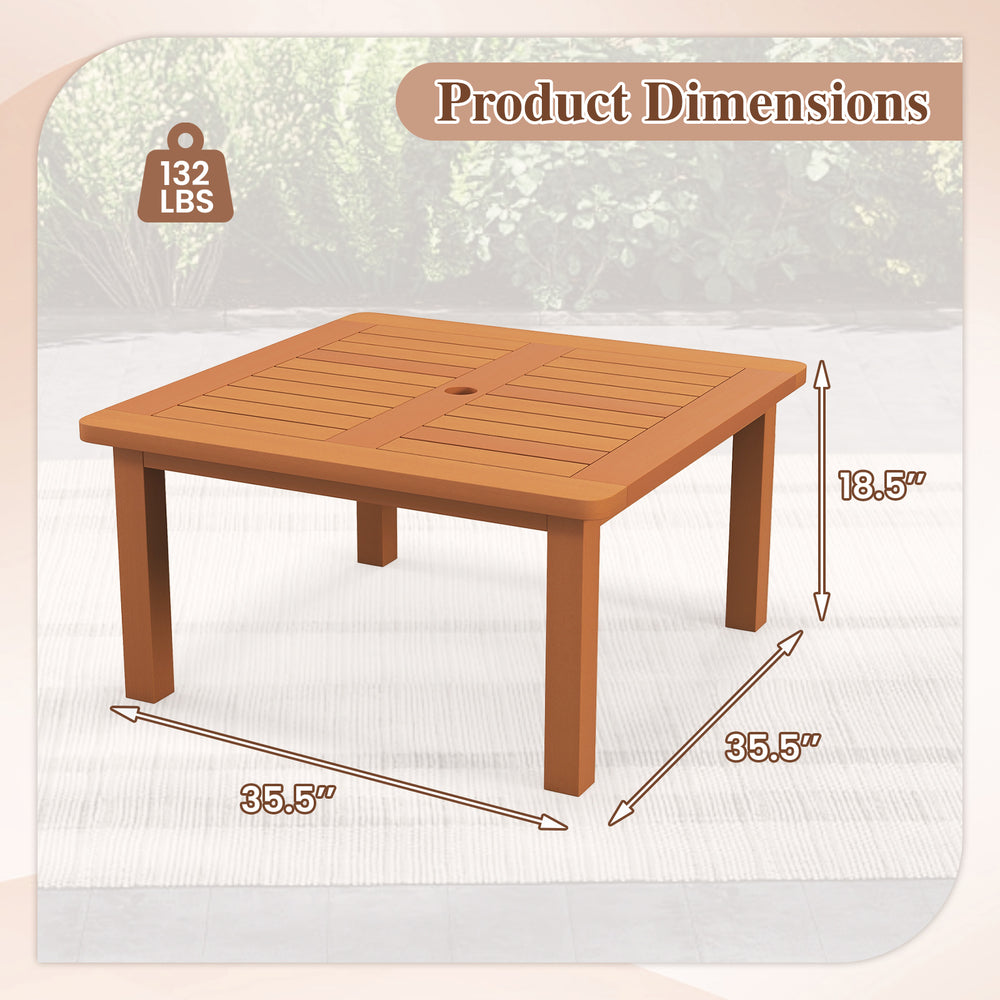Square patio coffee table with teak oil finish, 35.5" x 35.5", featuring a 2" umbrella hole for outdoor use.