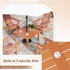 Patio coffee table with a 2" umbrella hole, teak oil finish, and slatted top, perfect for outdoor settings.