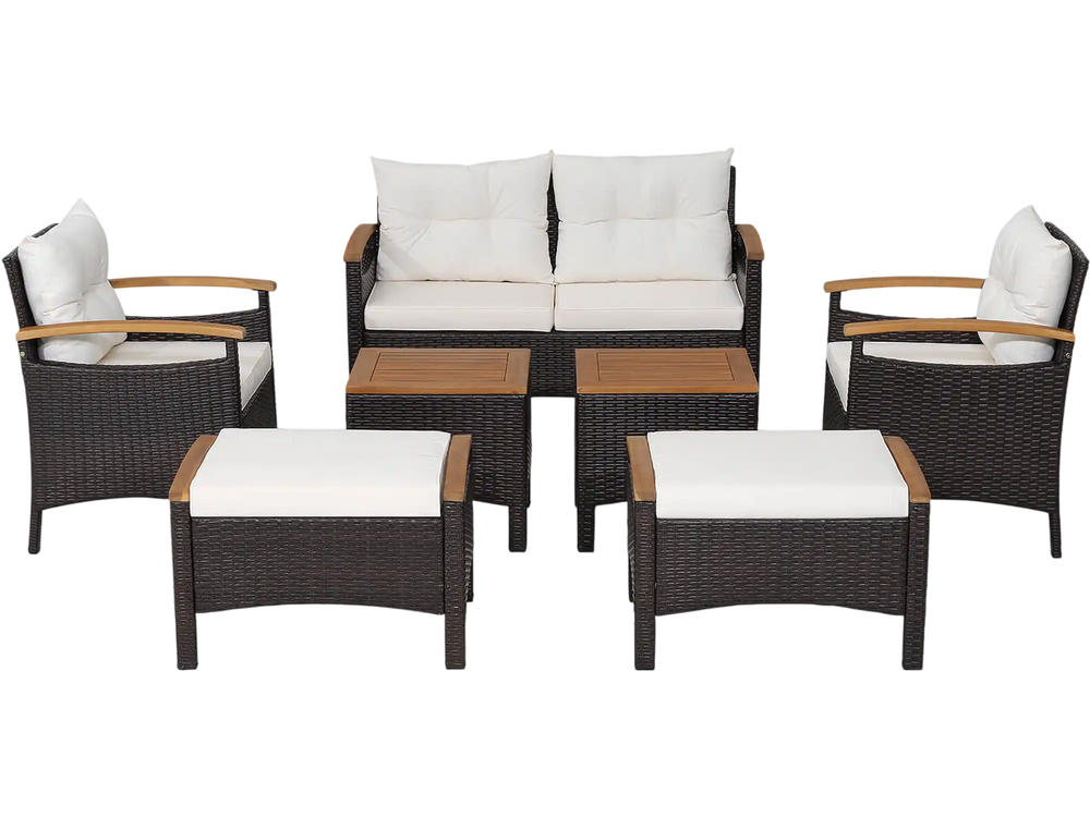 7 Piece Rattan Patio Sofa Set with Acacia Wood Tabletop and Armrests