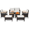 7-piece rattan patio sofa set featuring acacia wood tabletop and armrests, ideal for outdoor relaxation in any space.