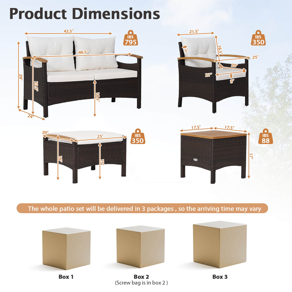 7-piece rattan patio sofa set with acacia wood tabletop, featuring ergonomic design and soft cushions for outdoor.