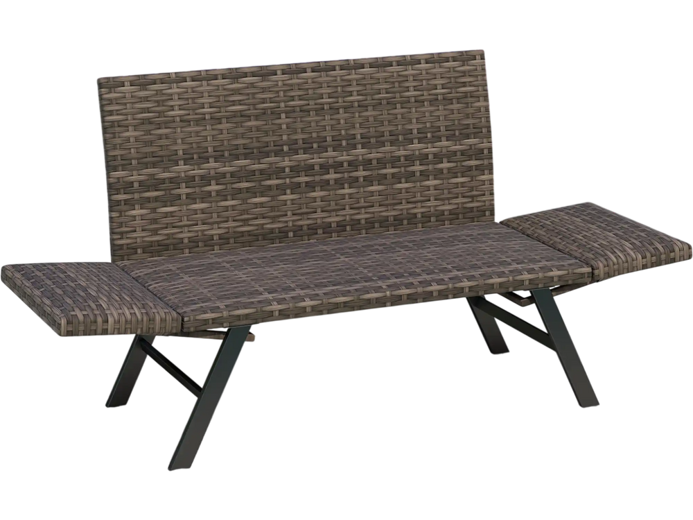 Patio convertible sofa for 2 in gray rattan, adjustable armrests, perfect for poolside relaxation.