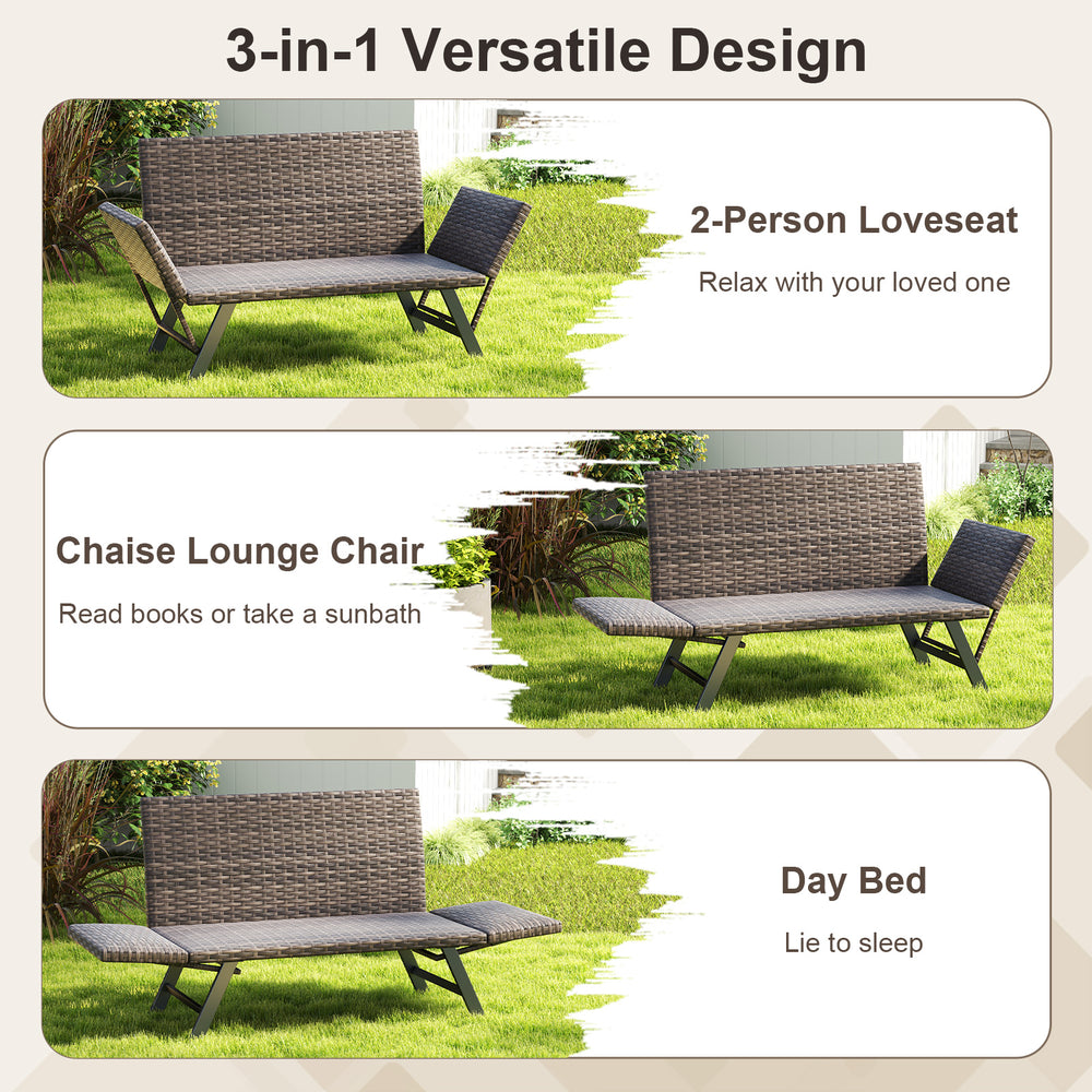 Patio convertible sofa in gray, shown as a chaise lounge chair with quick dry foam padding for outdoor relaxation.