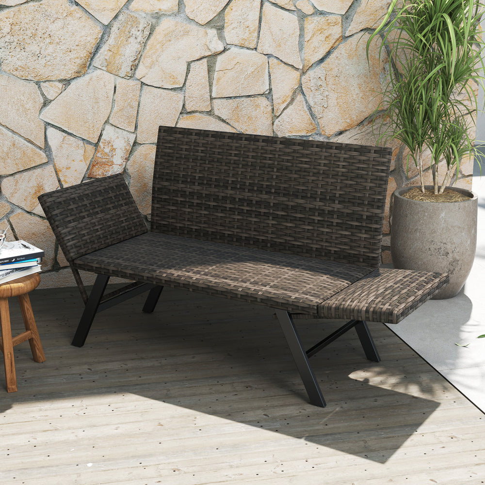 Patio convertible sofa for 2 in gray PE rattan, featuring adjustable armrests and quick dry foam, ideal for outdoor.