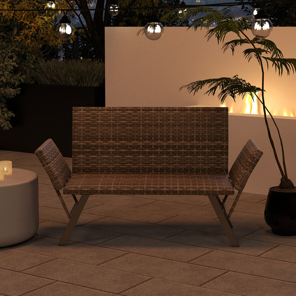 Patio convertible sofa for 2 in gray rattan, featuring adjustable armrests and quick dry foam, ideal for outdoor.